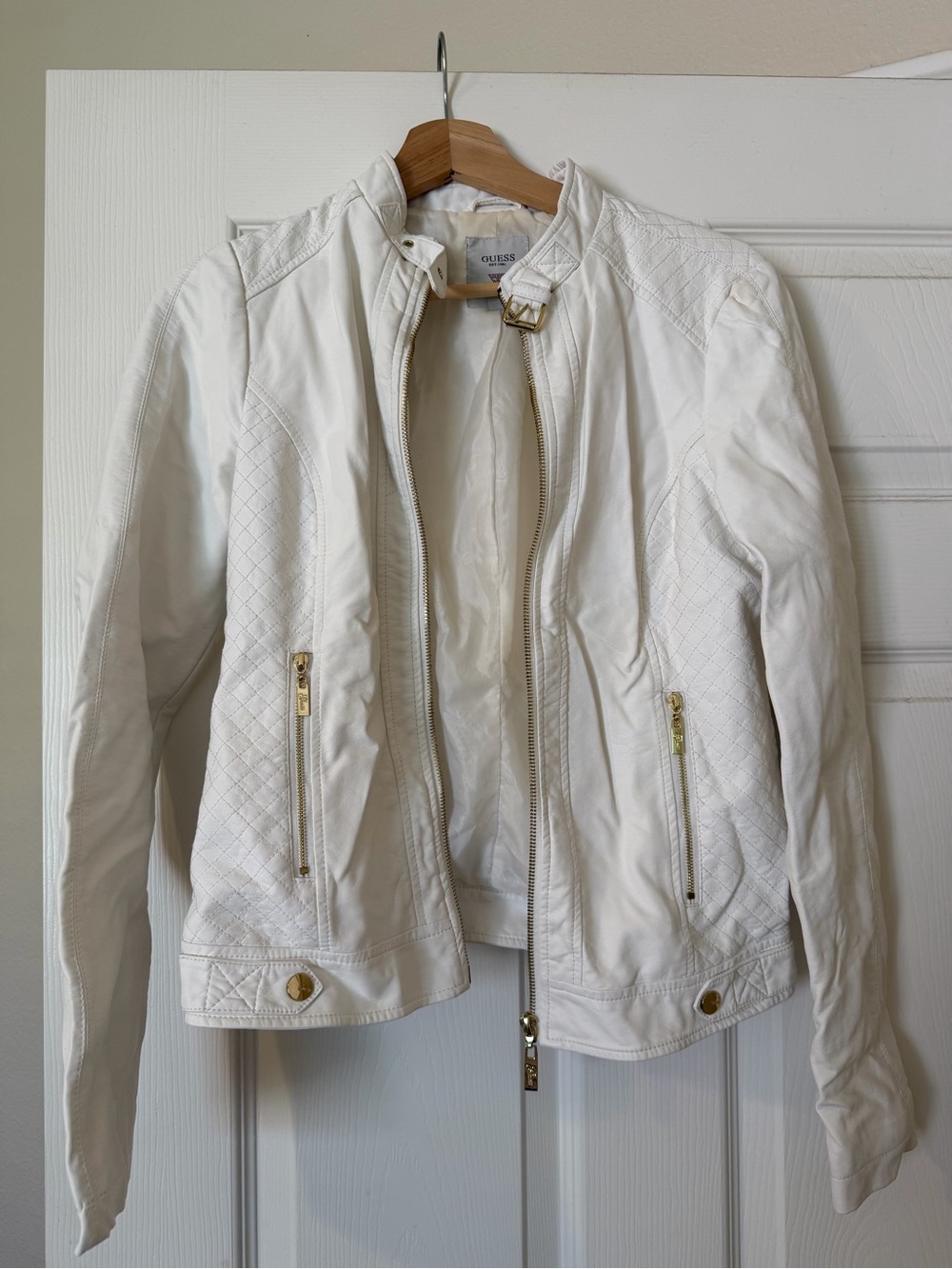 Guess White Quilted Faux-Leather Jacket with Gold Accents